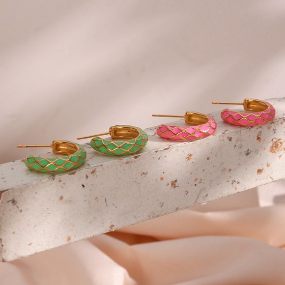 Light Pink Enamel Geometric Pattern Hoop Earrings 18K Gold Plated Stainless‎ - Picture 5 of 11